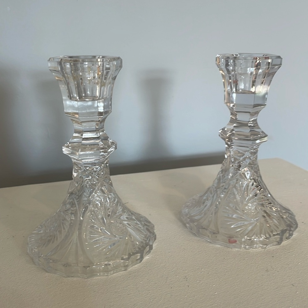 Antique glass candle sticks unique detailed etching